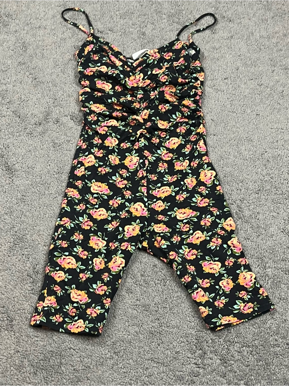 Mango Black Floral Spaghetti Strap Shorts Jumpsuit with Yellow & Pink Roses